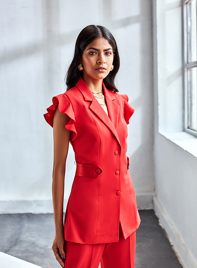 Flame red frill blazer and narrow pants set Deepika Nagpal