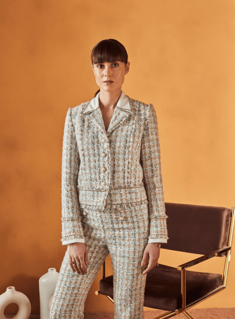 Beige gold tweed jacket & set – Deepika Nagpal